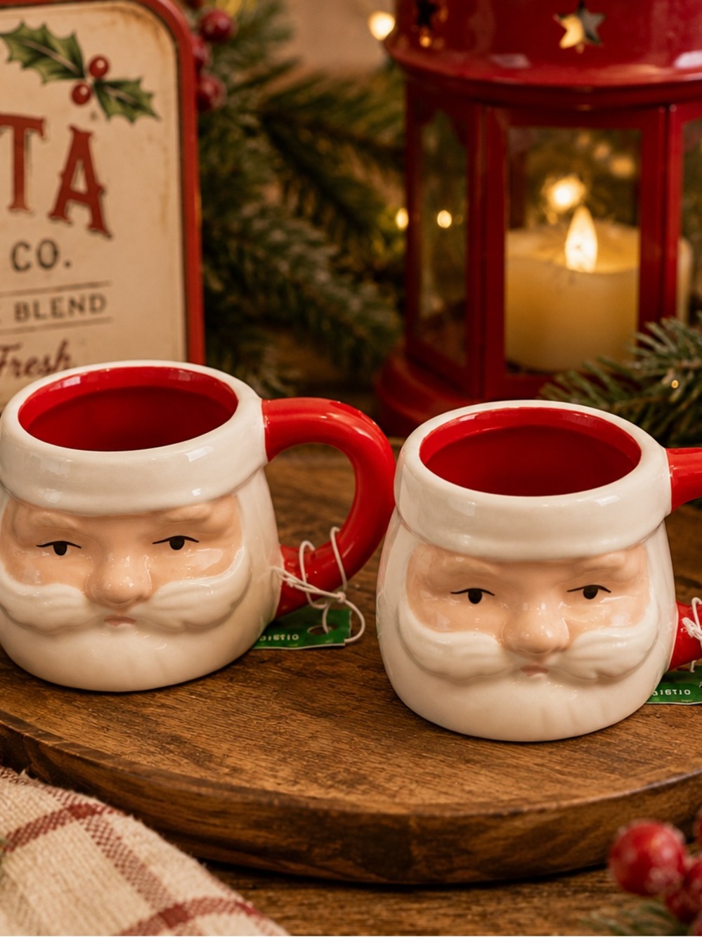 NWT Sleigh Bell Bistro Santa Mini Mugs Set of 2 Christmas Holiday Decor.